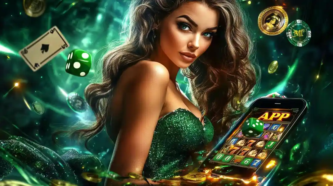 An enchanting woman surrounded by cards, dice, and coins, alongside a smartphone featuring the cd33 bet gaming app.