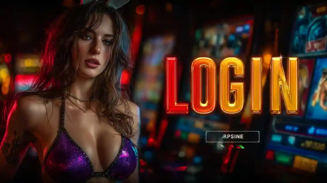 A captivating woman stands beside a LOGIN interface, with cd33 bet slot machines softly blurred in the background, inviting users to enter the world of cd33 bet.