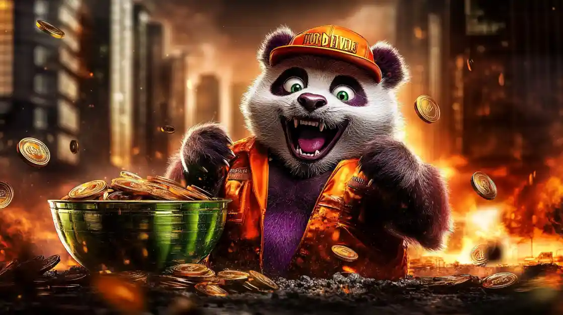 A cheerful panda character surrounded by golden coins, symbolizing wealth and good fortune with cd33 bet.
