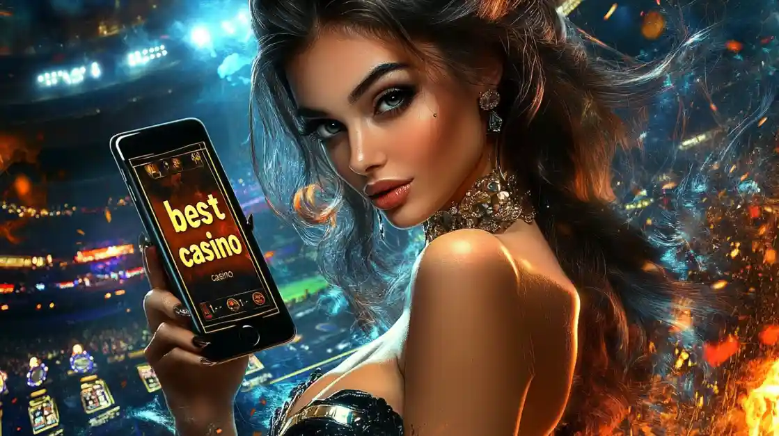 A woman holding a phone showcasing the cd33 bet casino app in a vibrant stadium-like setting.