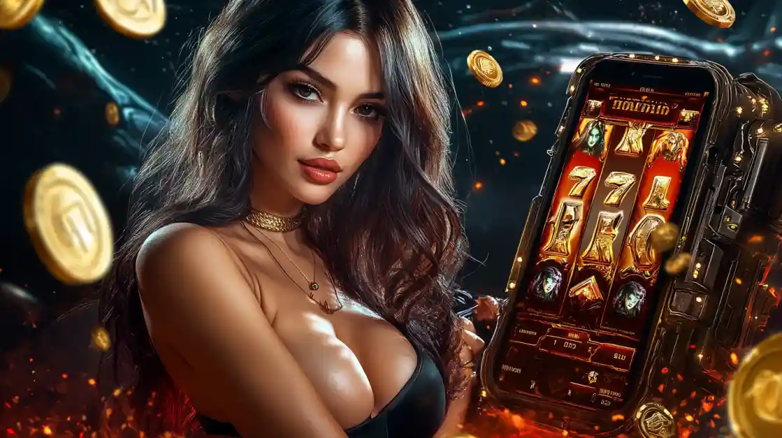 A confident woman holds a smartphone displaying a cd33 bet mobile slot game with 777 symbols and golden coins.